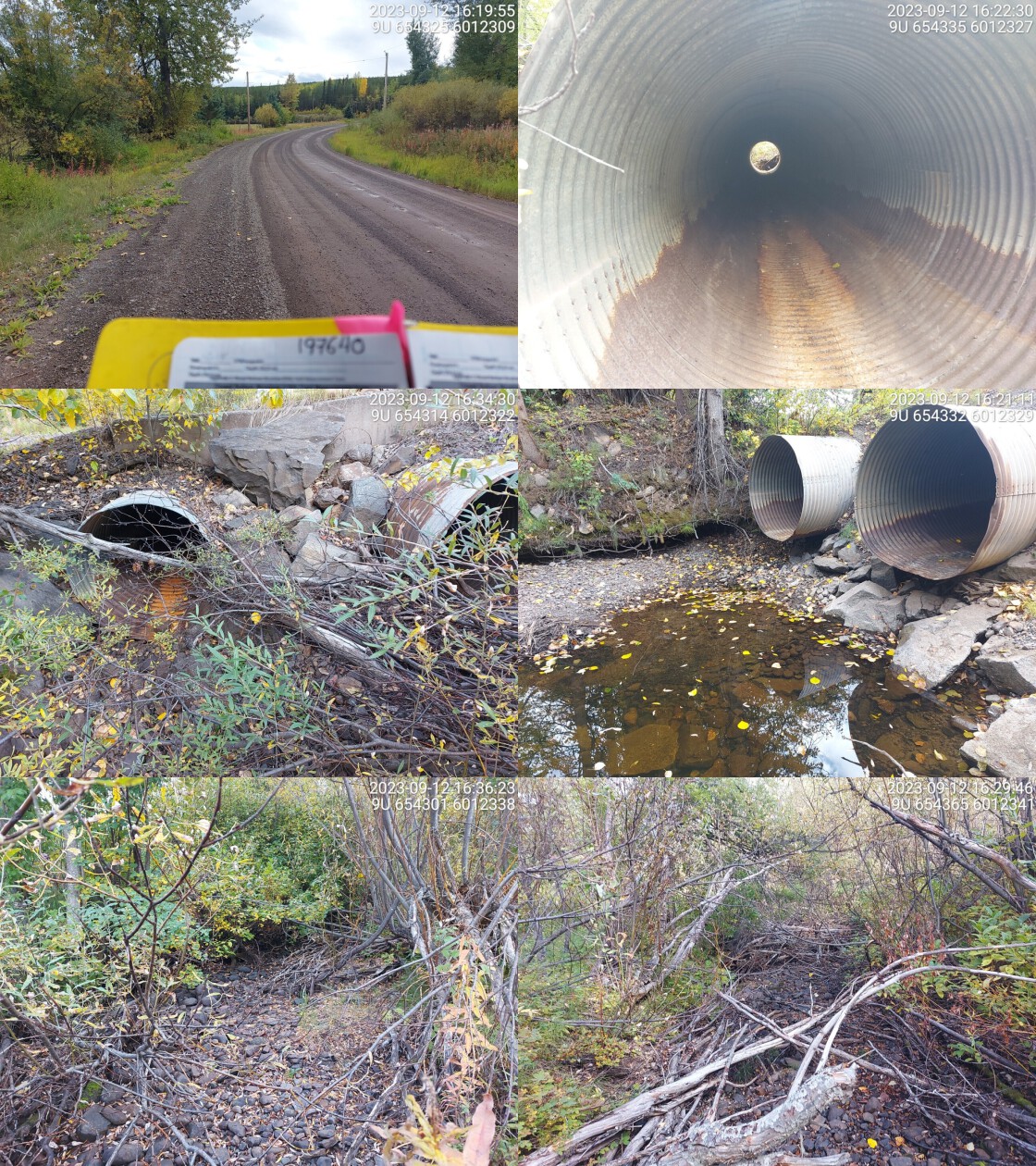 Photos of PSCIS crossing 197640 taken in September 2023. From top left clockwise: Road/Site Card, Barrel, Outlet, Downstream, Upstream, Inlet.