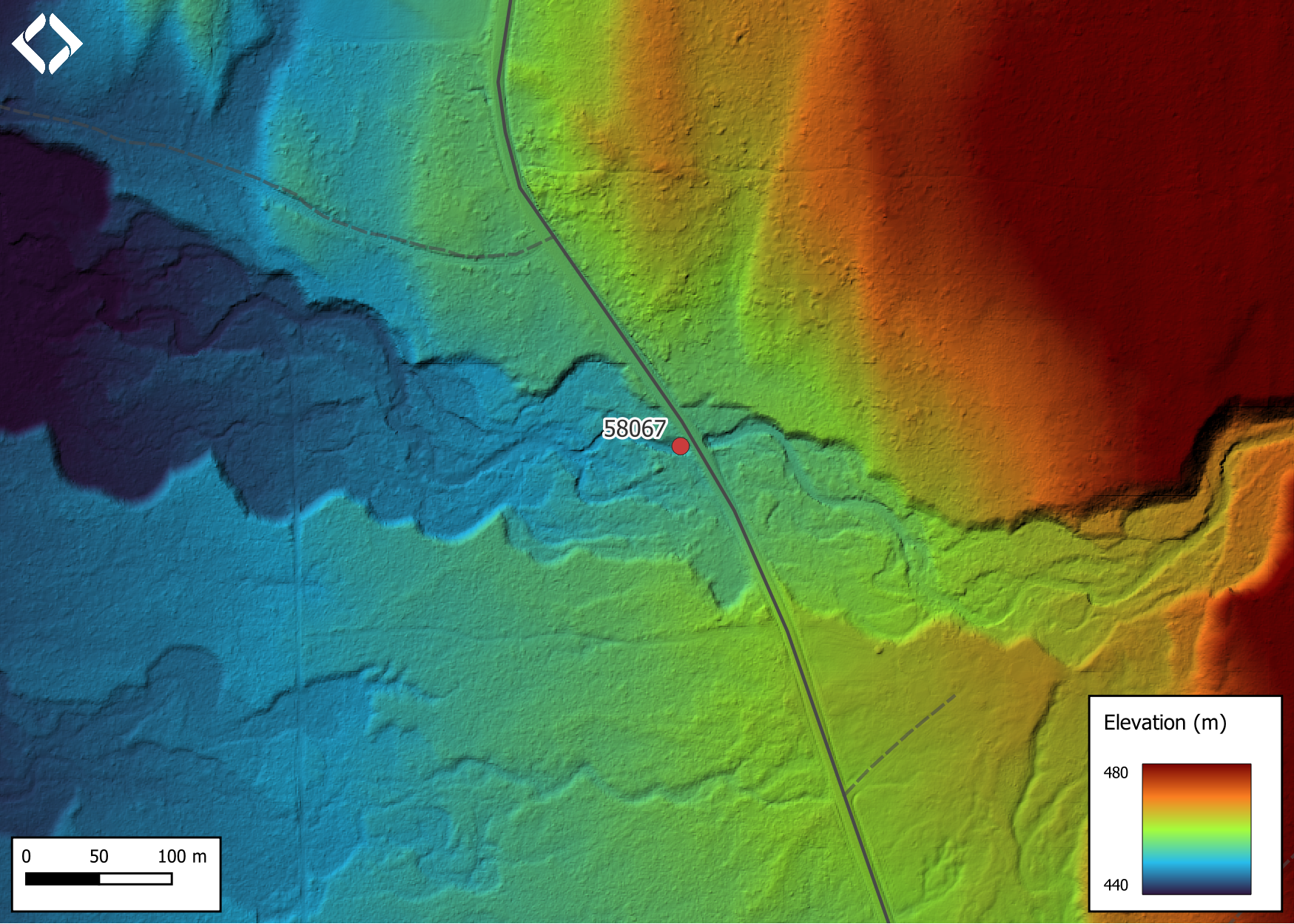 Lidar generated digital elevation model of Gramophone Creek at Telkwa High Rd (data collected in 2019, taken from BC Open LiDAR data portal).