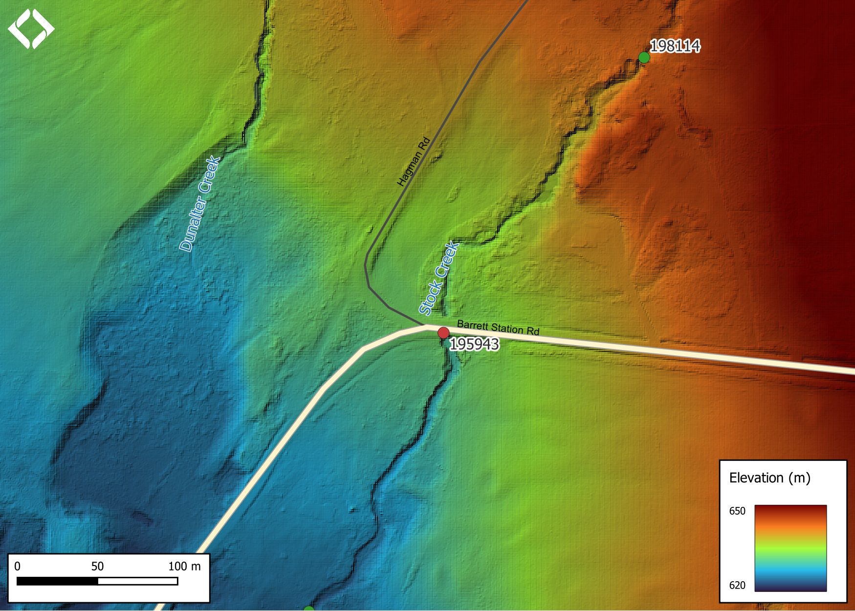 Lidar generated digital elevation model of Stock Creek (data collected in 2019, taken from BC Open LiDAR data portal).