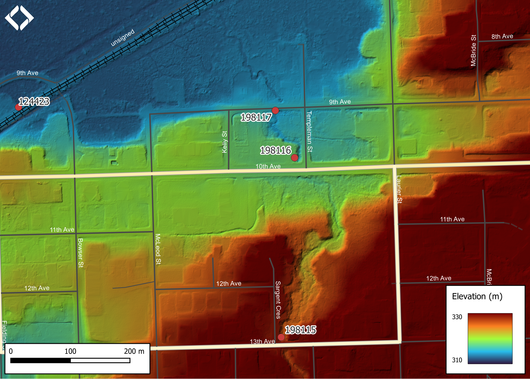 Lidar generated digital elevation model of tributary to Waterfall Creek (data collected in 2019, taken from BC Open LiDAR data portal).