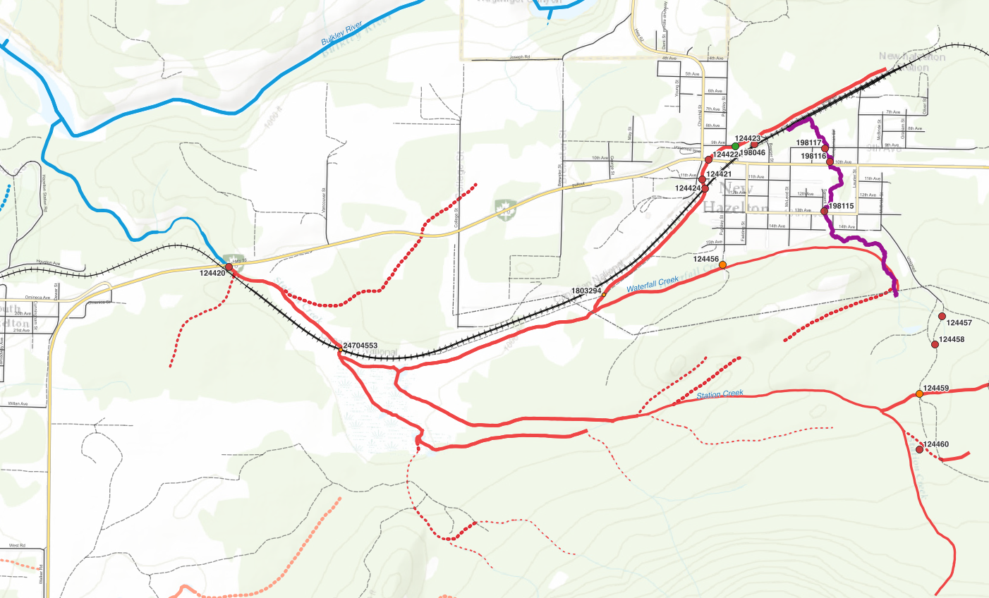 Map of Station Creek and Watershed Creek watersheds. Pink line indicates sections of tributary to Waterfall Creek that were surveyed and that at the time of reporting were not mapped correctly in the freshwater atlas.