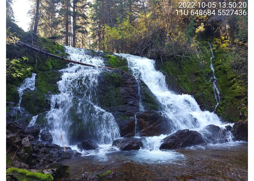 Waterfall (7.5m high) at end of second electrofishing survey, upstream of PSCIS crossing 197559 on Brule Creek approximatley 3.6km upstream of Highway 43.