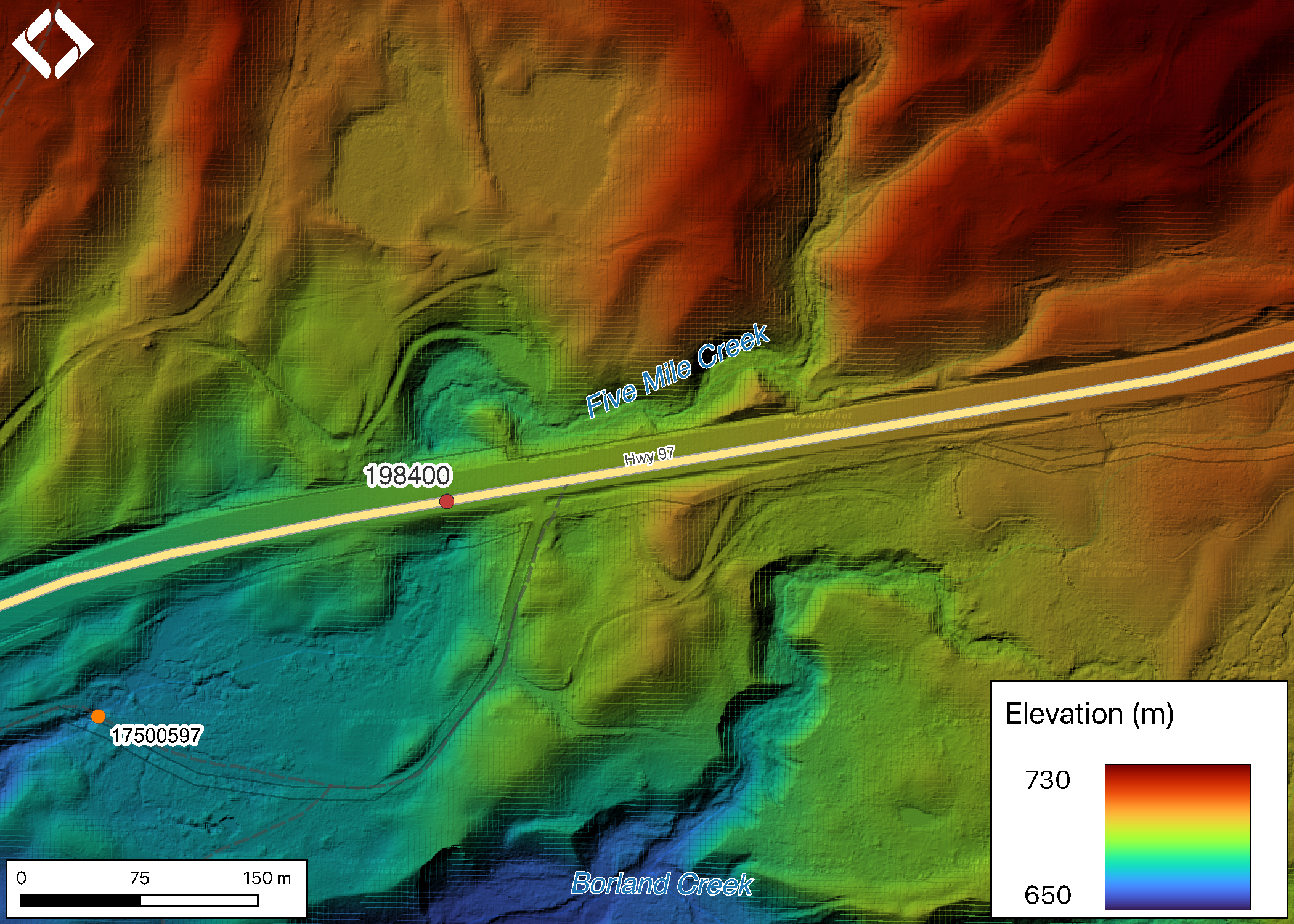 Lidar generated digital elevation model of Five Mile Creek at Highway 97.