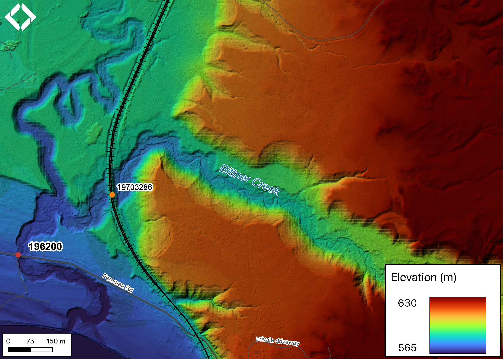 Lidar generated digital elevation model of Bittner Creek at Foreman Road.