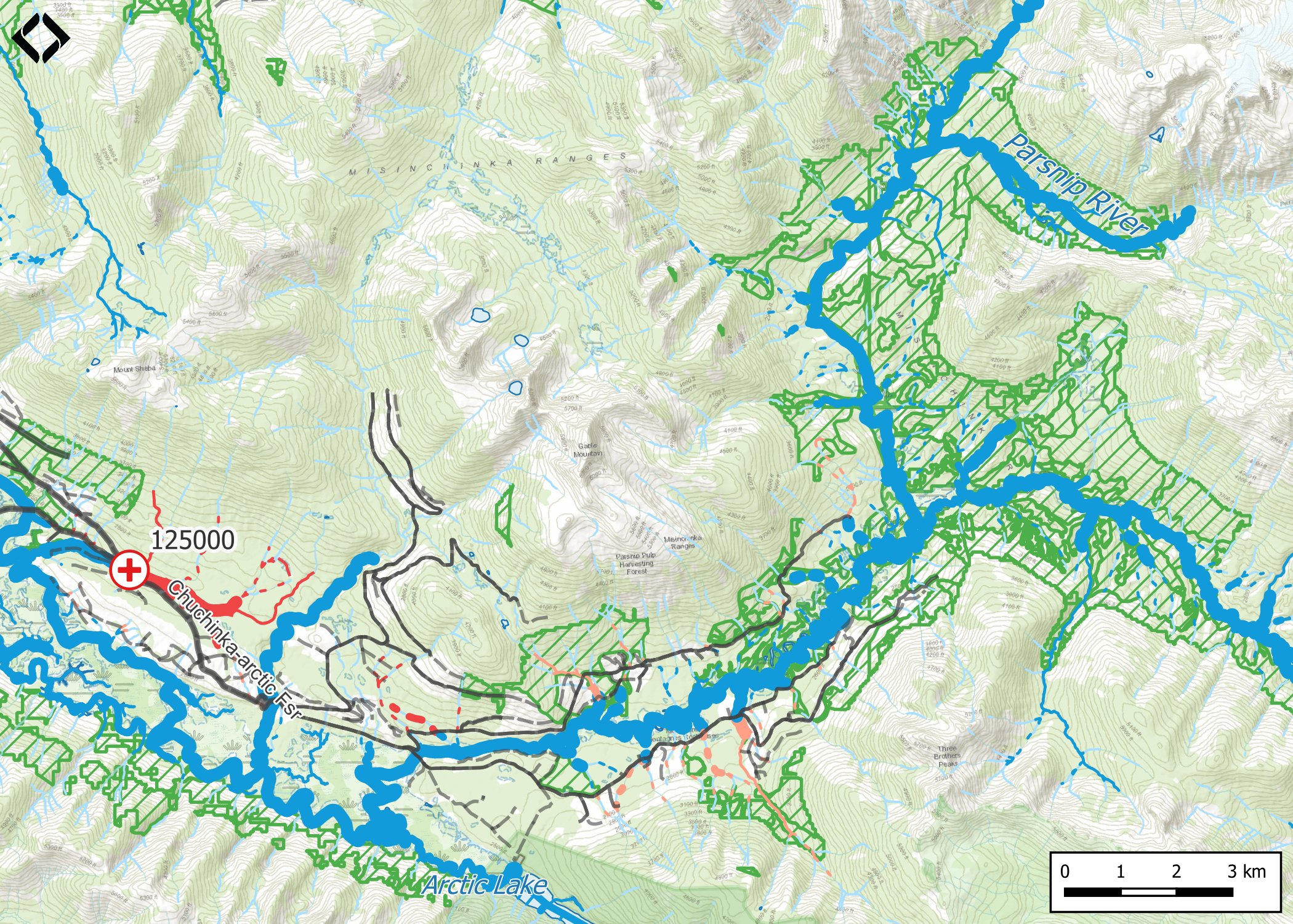 Map showing old growth management areas (green hashed polygons) beyond crossing 125000 accessed by the Chuckinka-Arctic FSR