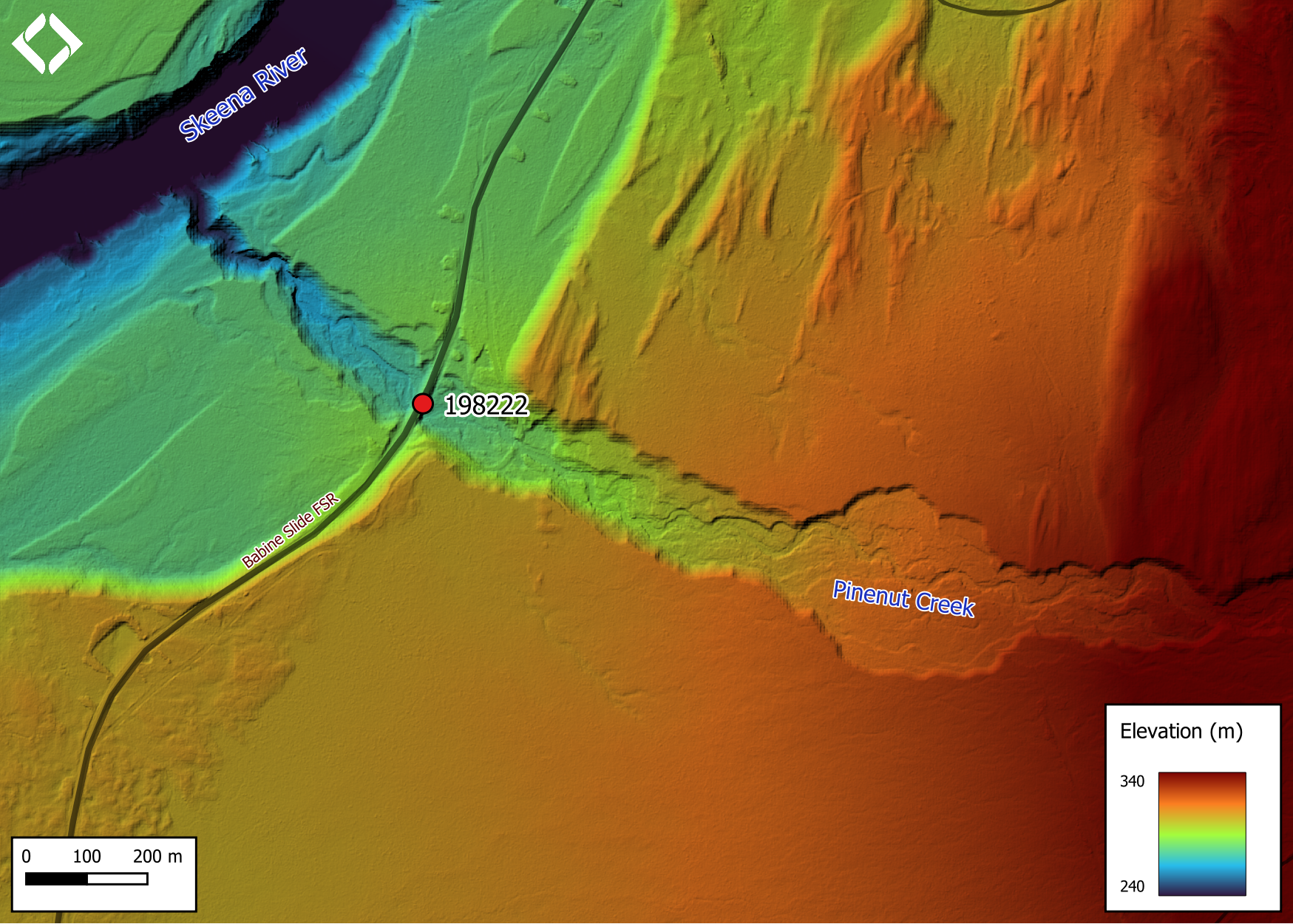 Lidar generated digital elevation model of Pinenut Creek at Babine Slide FSR (using elevation data from 2019).