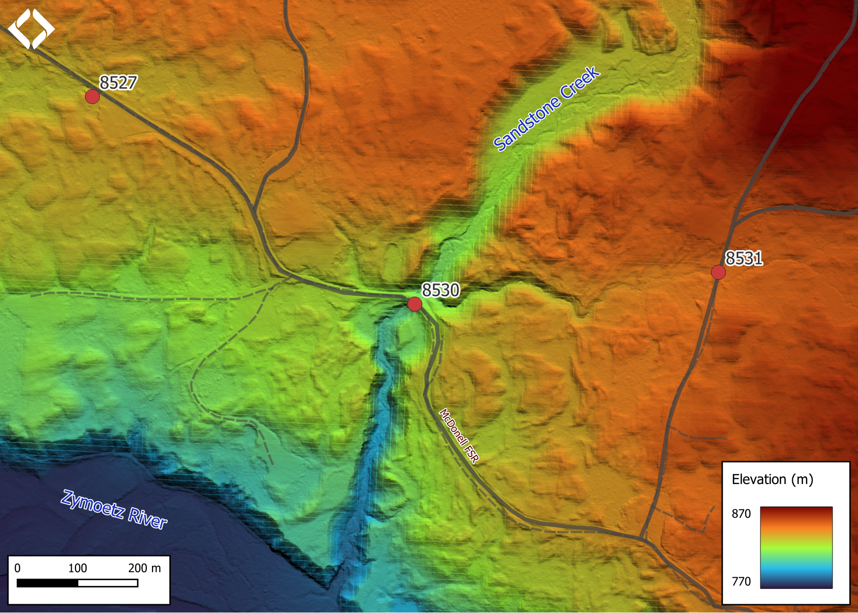 Lidar generated digital elevation model of Sandstone Creek at McDonell FSR (using elevation data from 2018).